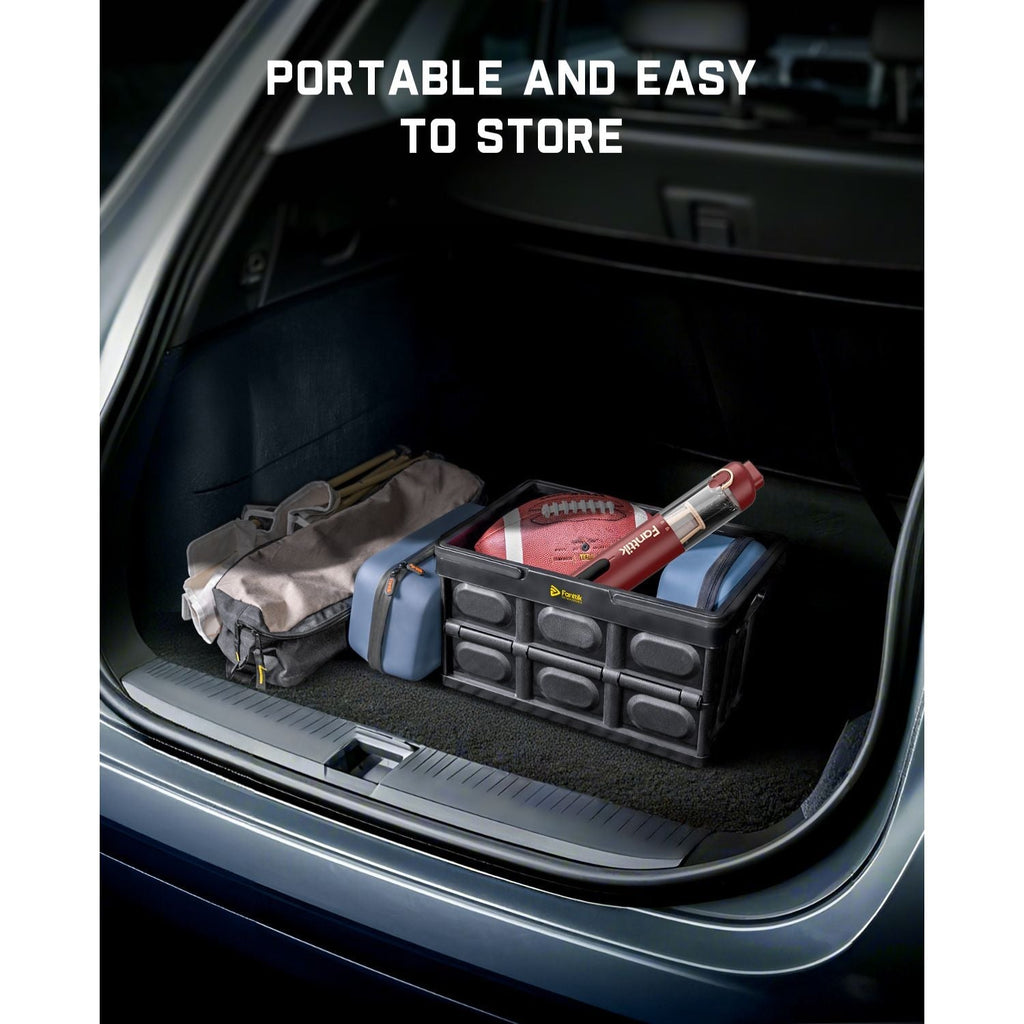 Fanttik Slim V10 Apex Cordless Car Vacuum stored in car trunk with other items. Portable and easy to store.