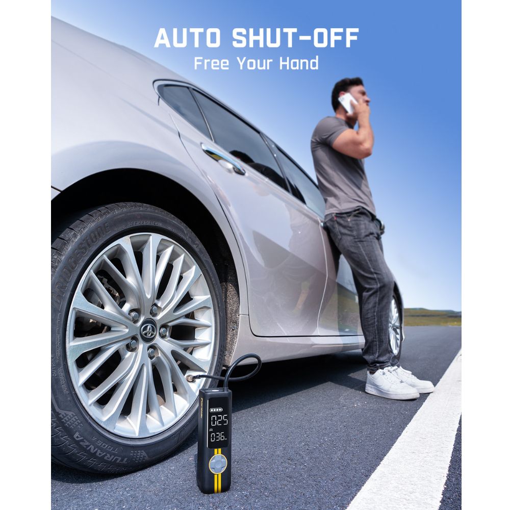 Fanttik X8 APEX tire inflator attached to car tire, showing 'AUTO SHUT-OFF Free Your Hand' text.