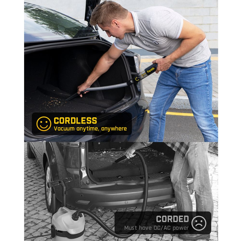 Fanttik Slim V8 Apex car vacuum: cordless cleaning anytime, anywhere vs. corded vacuum requiring power.