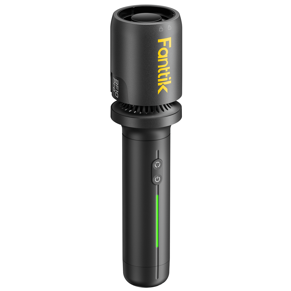Fanttik BF10 Pro cordless leaf blower with 3-speed control and green LED status indicator.