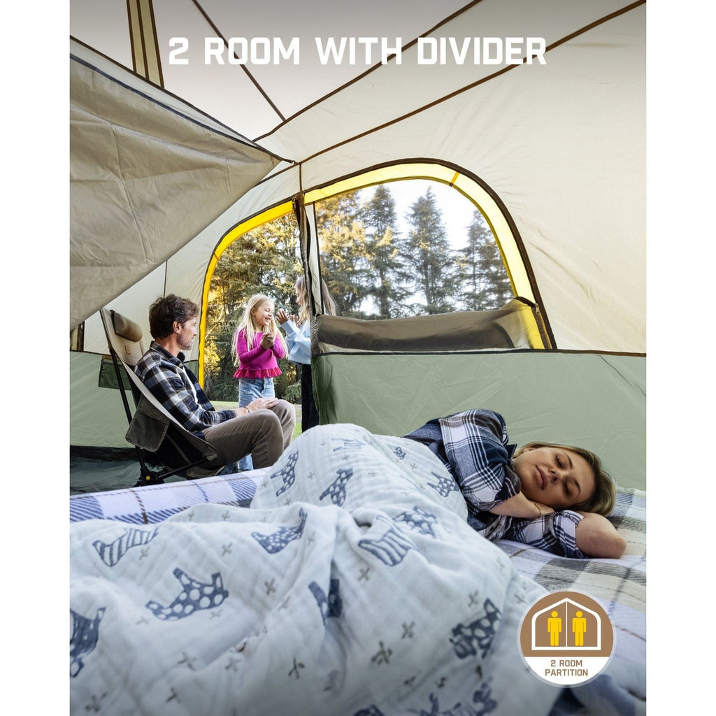 FanttikOutdoor Zeta C8 Pro 8-person tent interior with 2 room divider, showing sleeping and relaxing.