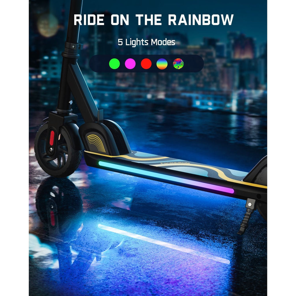FanttikRide C9 Pro electric scooter for kids with colorful rainbow LED lights and "Ride on the Rainbow" text.