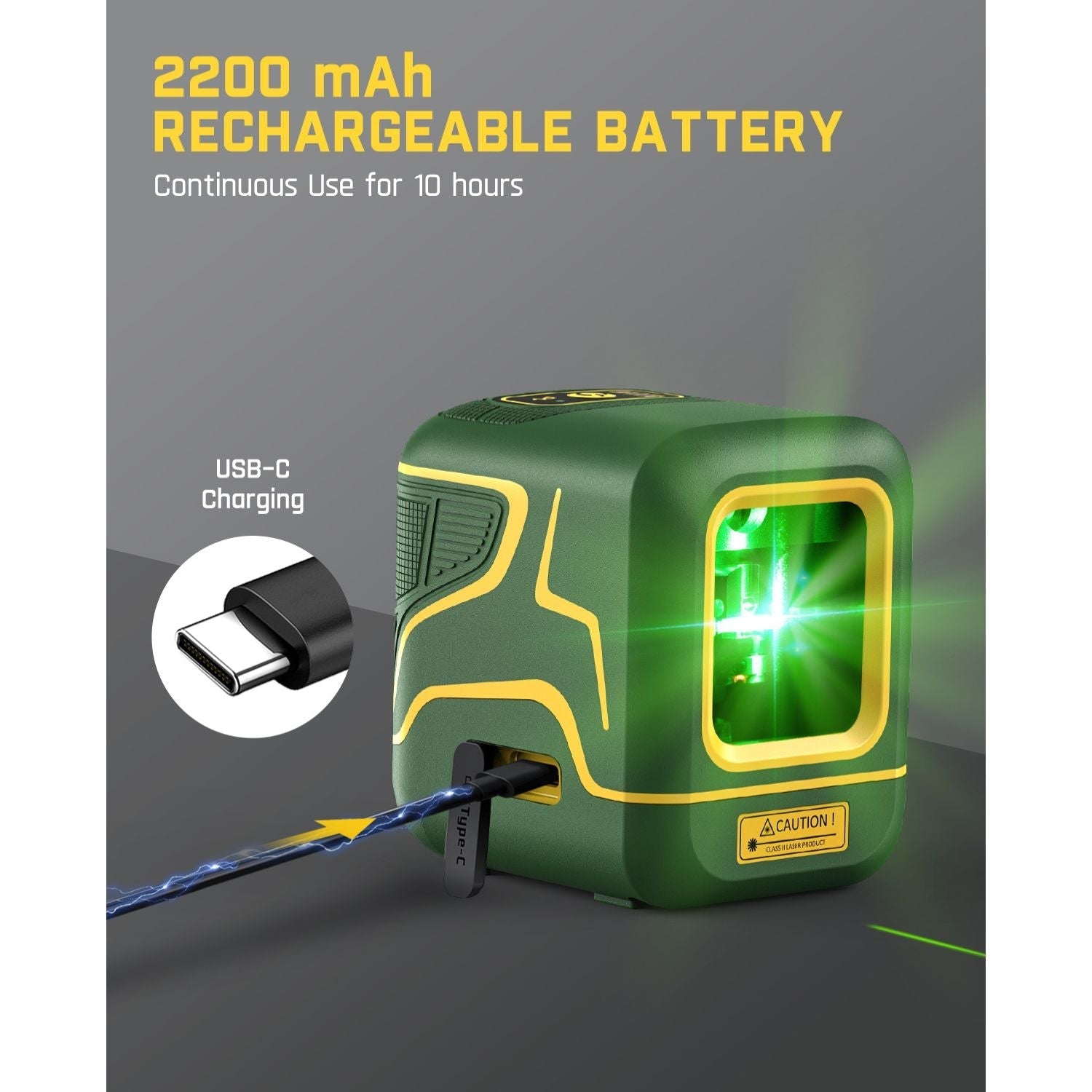 Fanttik D2 Cross Line Laser Level with 2200mAh rechargeable battery, USB-C charging, and 10-hour continuous use.