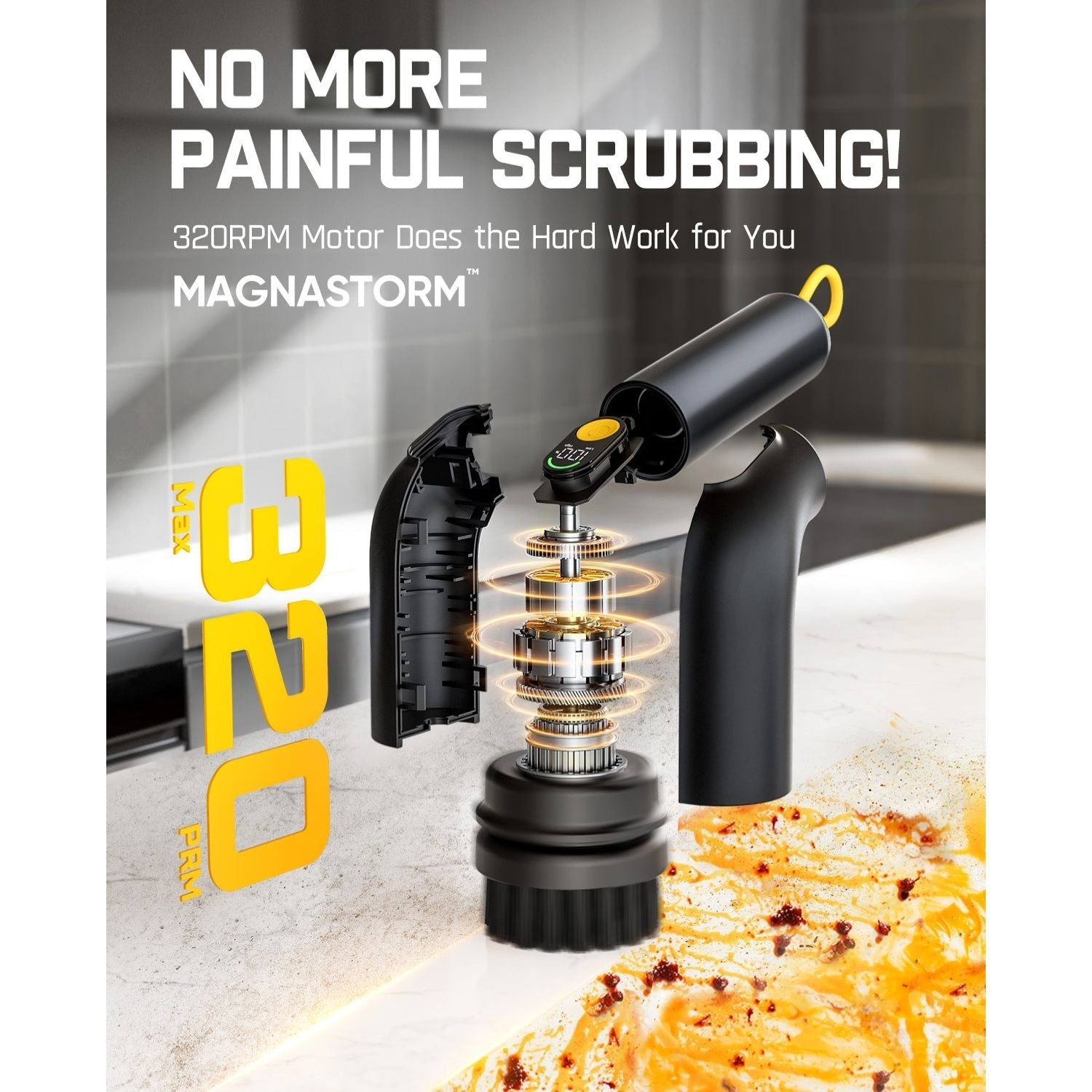 Fanttik G9 electric spin scrubber with 320 RPM MagnaStorm motor and digital display, cleaning tough stains.