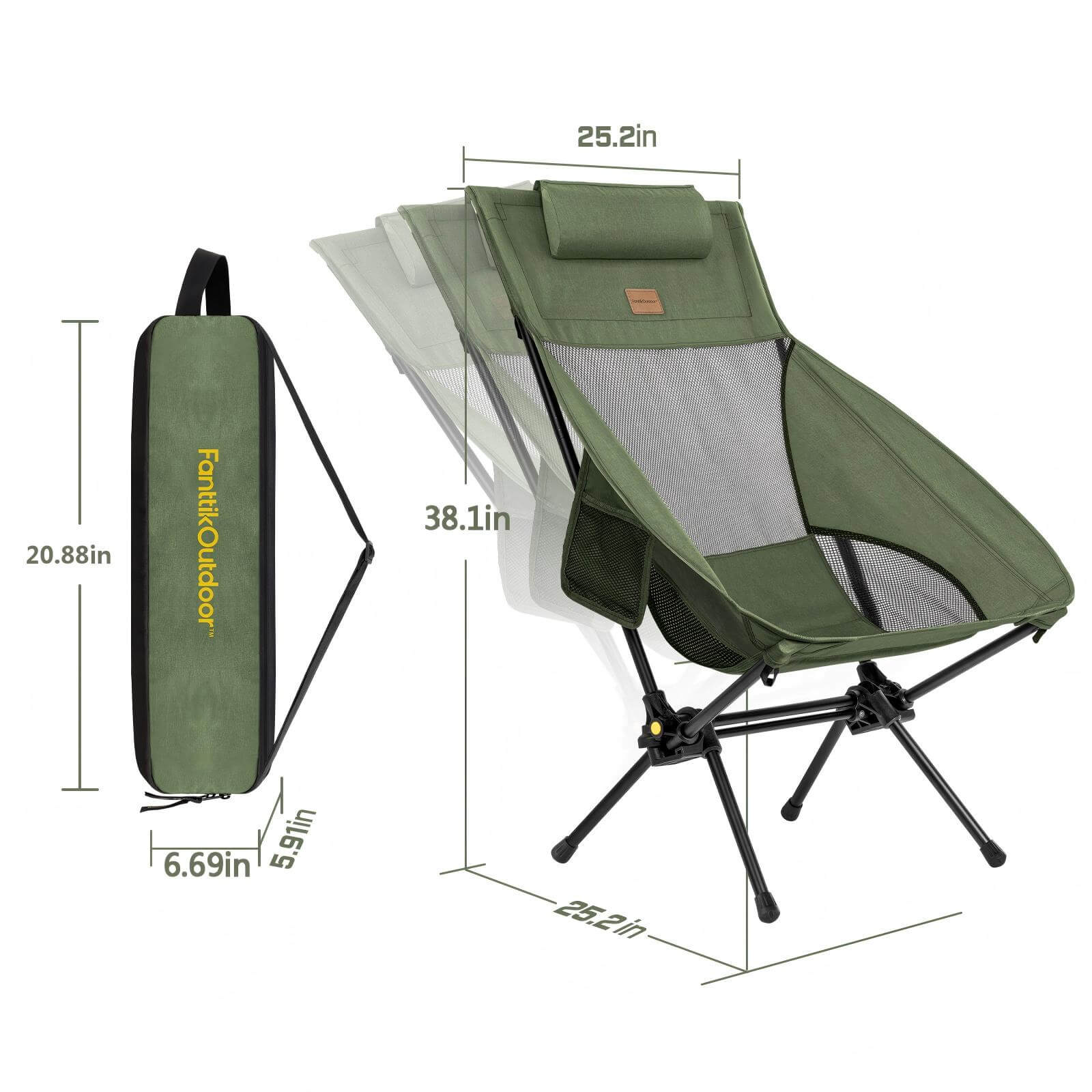 FanttikOutdoor Zeta L8 Max Camping Chair, Portable & Lightweight, Multi-Angle Adjustable, Supports up to 250 lbs, Comfort-Driven Design, High Strength Camping Chair for Travel, Hiking, Fishing, Green