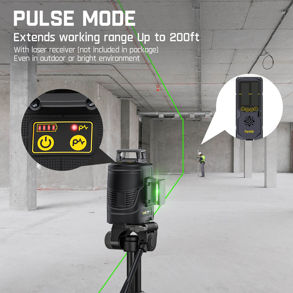 Fanttik D12 PLUS laser level in pulse mode, extending range to 200ft with receiver. Features green laser, battery indicator.