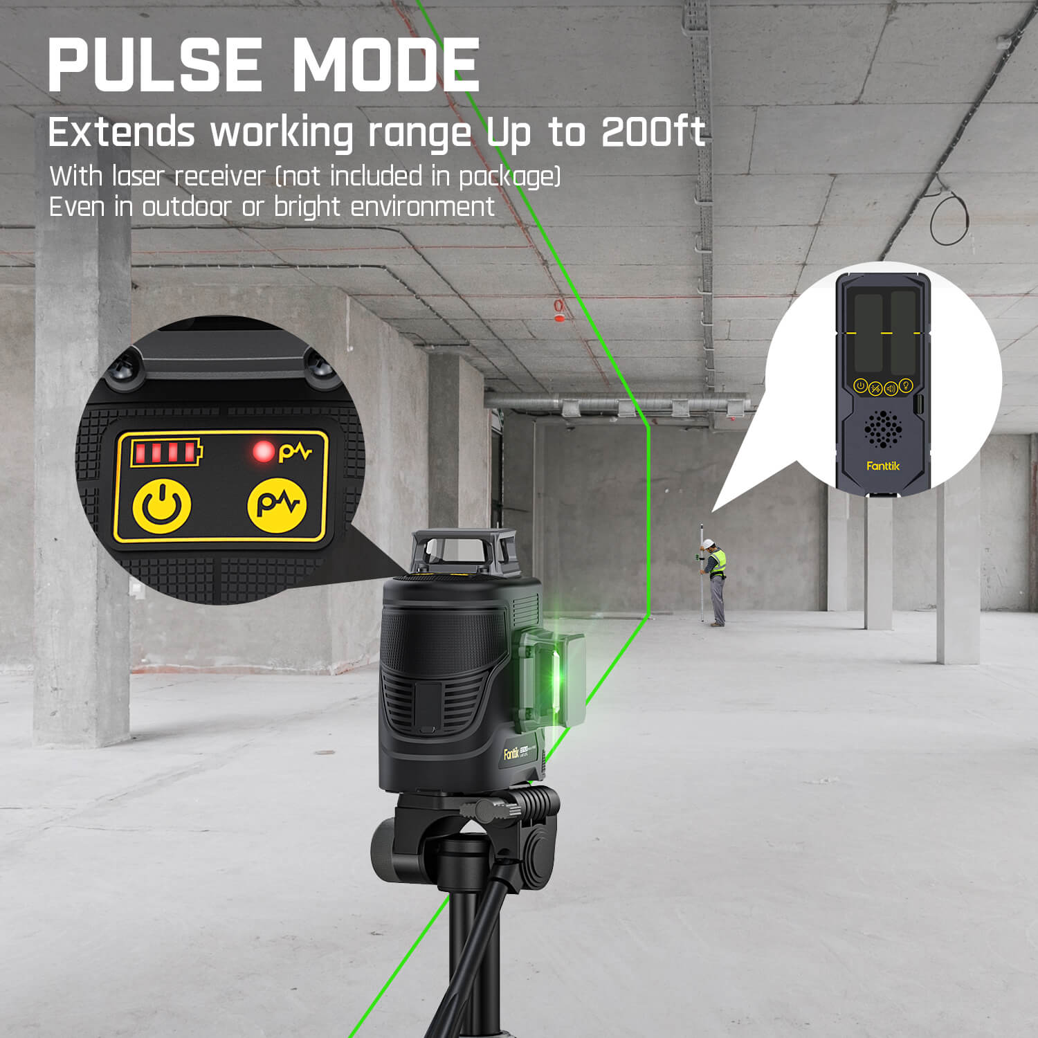 Fanttik D12 PLUS laser level in pulse mode, extending range to 200ft with receiver. Features green laser, battery indicator.