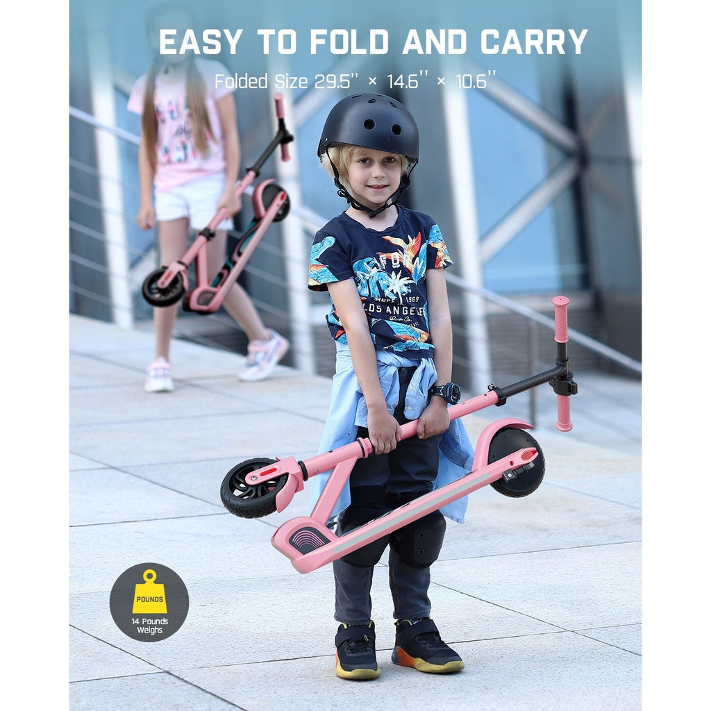 Pink FanttikRide C9 Pro kids electric scooter, easy to fold and carry. 14 lbs weight, folded size 29.5" x 14.6" x 10.6".