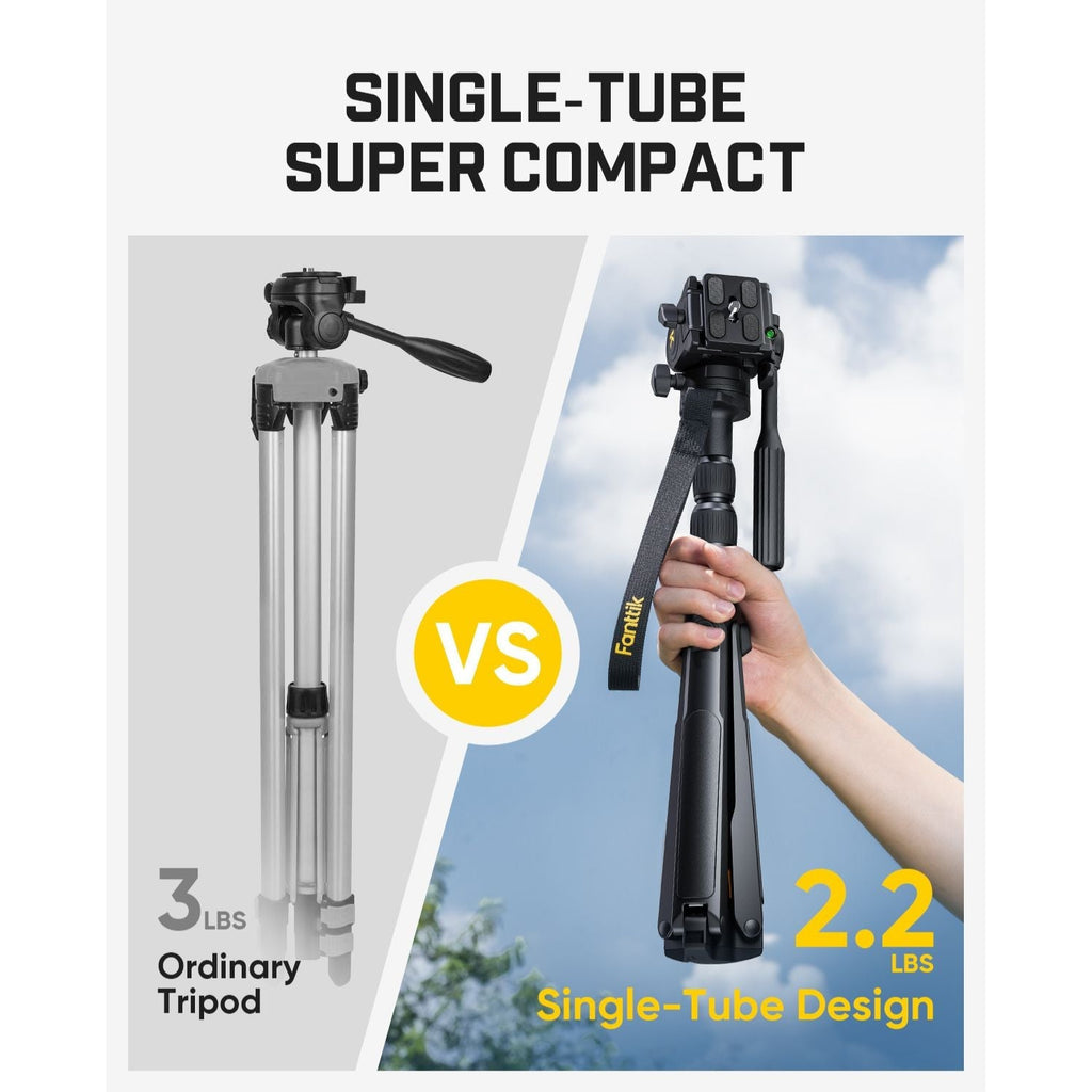Fanttik DT10 Pro compact tripod vs ordinary tripod comparison, highlighting 2.2 lbs single-tube design and portability.