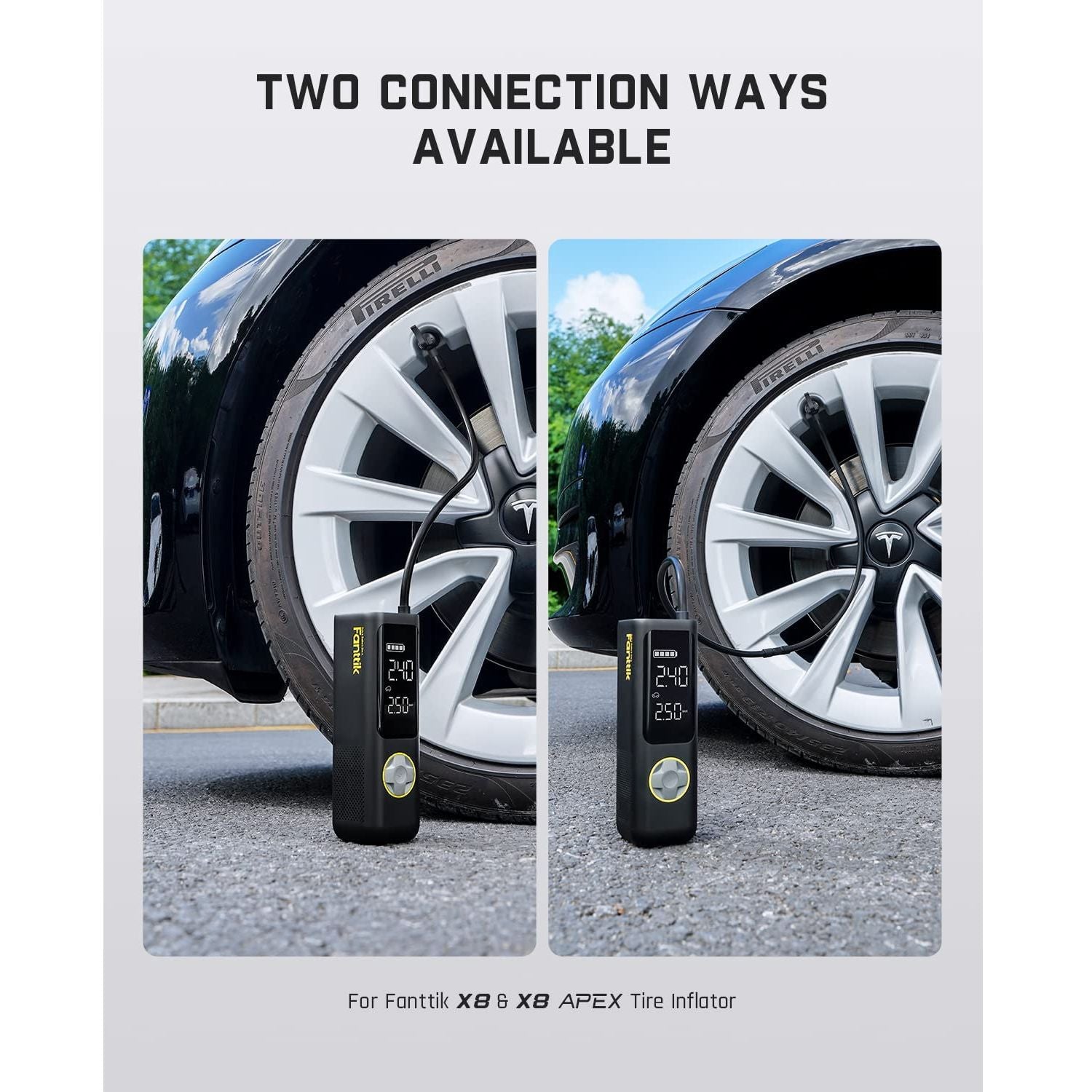 Fanttik Air Pump Extension Hose Adapter showing two connection methods for X8 & X8 APEX tire inflators.