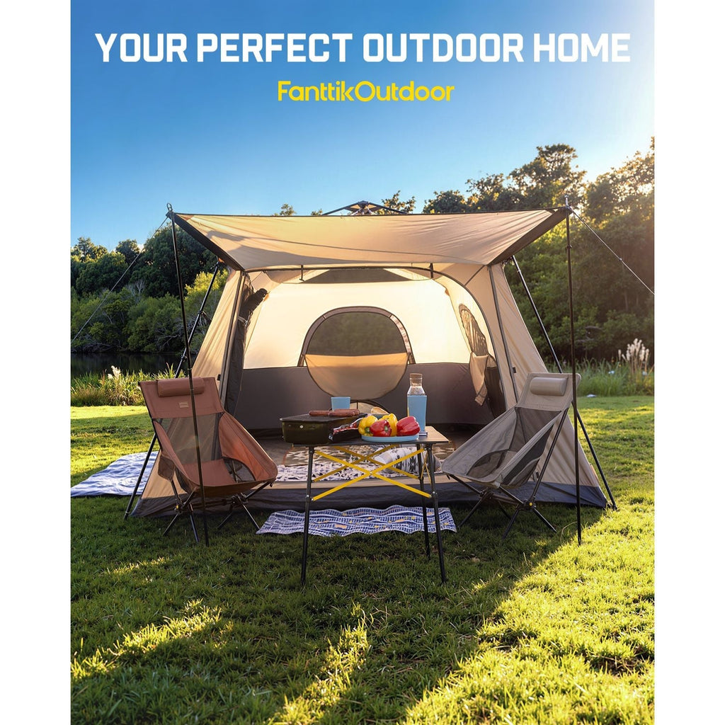 FanttikOutdoor Apex camping tent with canopy, camping chairs and picnic table