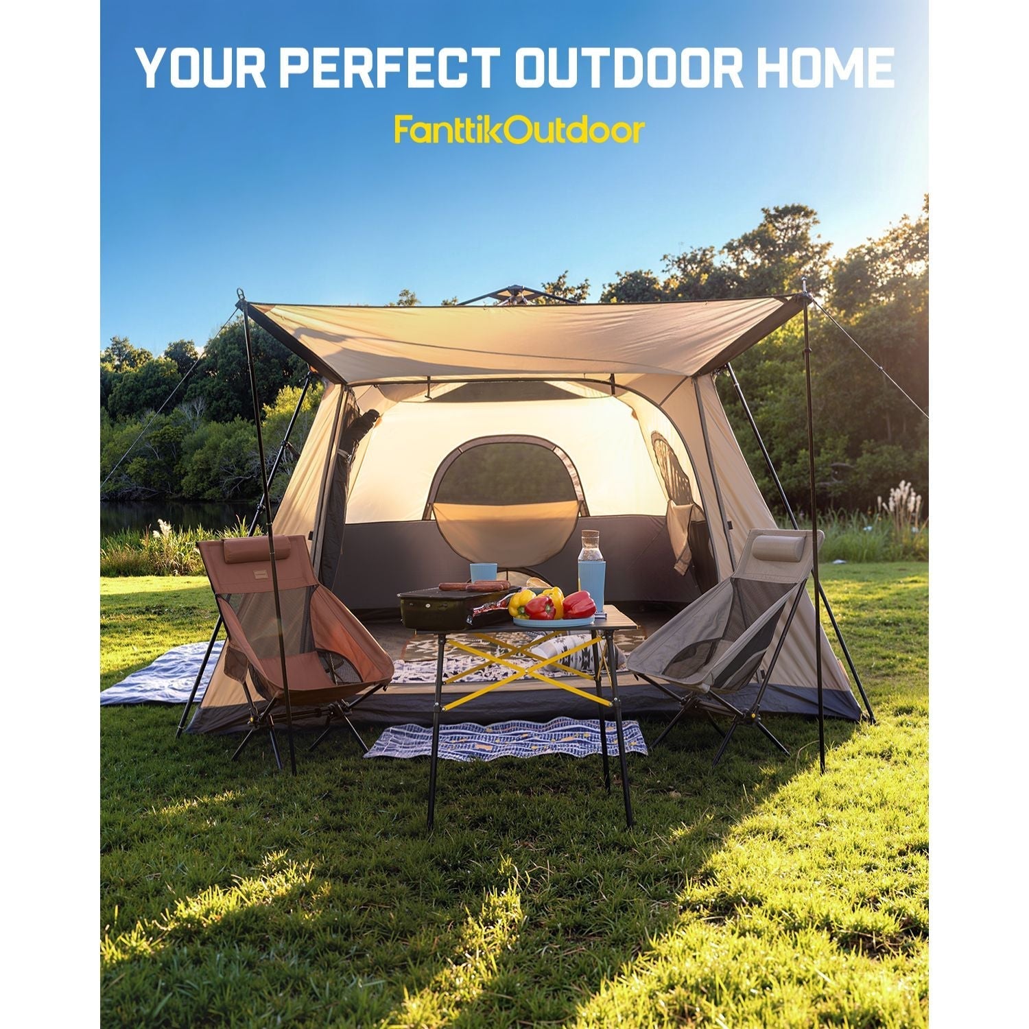 FanttikOutdoor Apex camping tent with canopy, camping chairs and picnic table