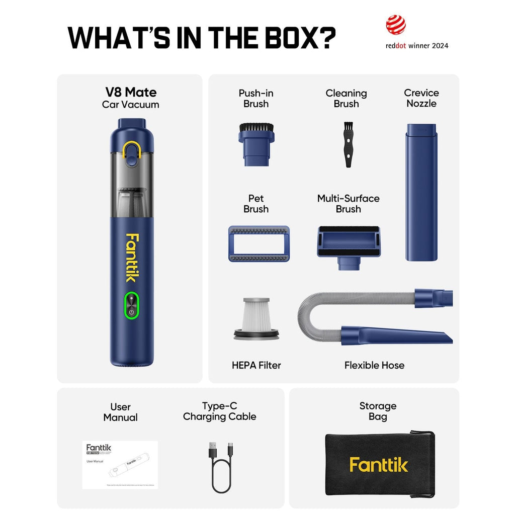 Fanttik V8 Mate cordless car vacuum kit with brush attachments, HEPA filter, hose, charging cable, and storage bag
