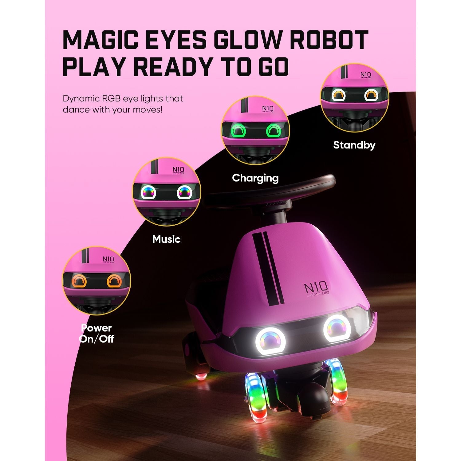 Pink FanttikRide N10 Classic wiggle car: dynamic RGB eye lights, illuminated wheels. Shows music, charging, standby modes.
