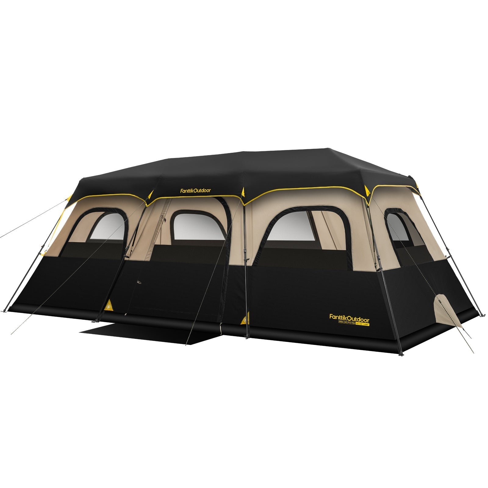 FanttikOutdoor Zeta C12 Pro Max 12 Person Camping Tent, black and tan, spacious cabin design with windows.