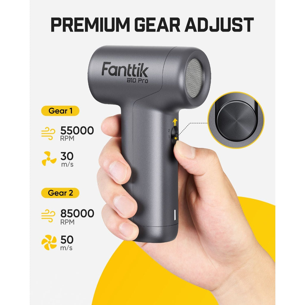 Fanttik B10 Pro electric air duster with premium gear adjust, 2-speed control, and compact gray handheld design