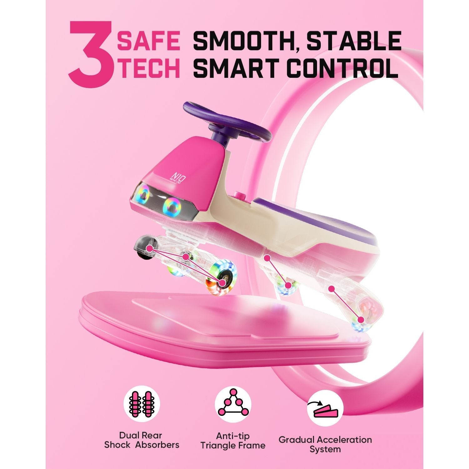 Pink FanttikRide N10 Pro kids wiggle car with 3 safe tech, shock absorbers, anti-tip frame
