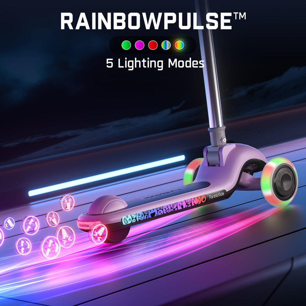 FanttikRide K9 Pro electric scooter for kids with rainbow LED lights on wheels and deck.
