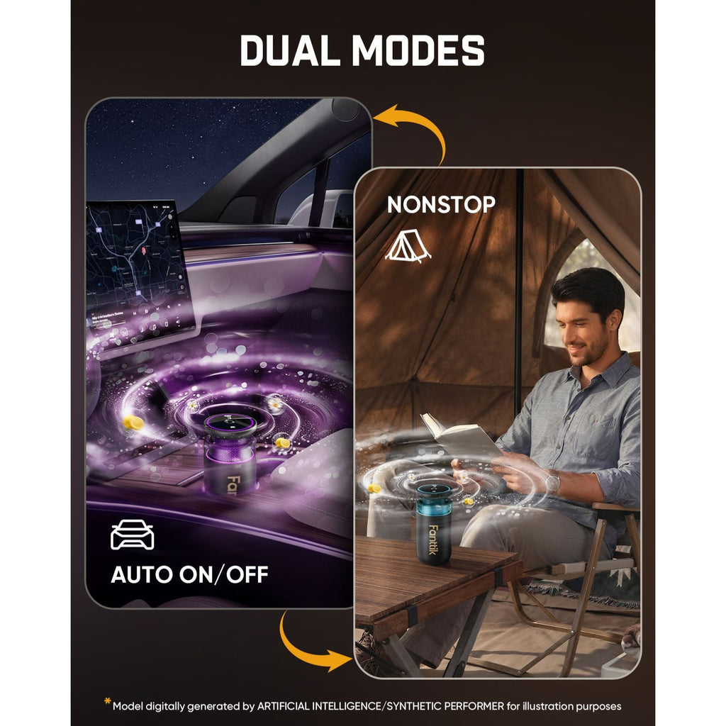 Fanttik N10 Smart Car Air Freshener showing dual modes with a car interior and outdoor setting.