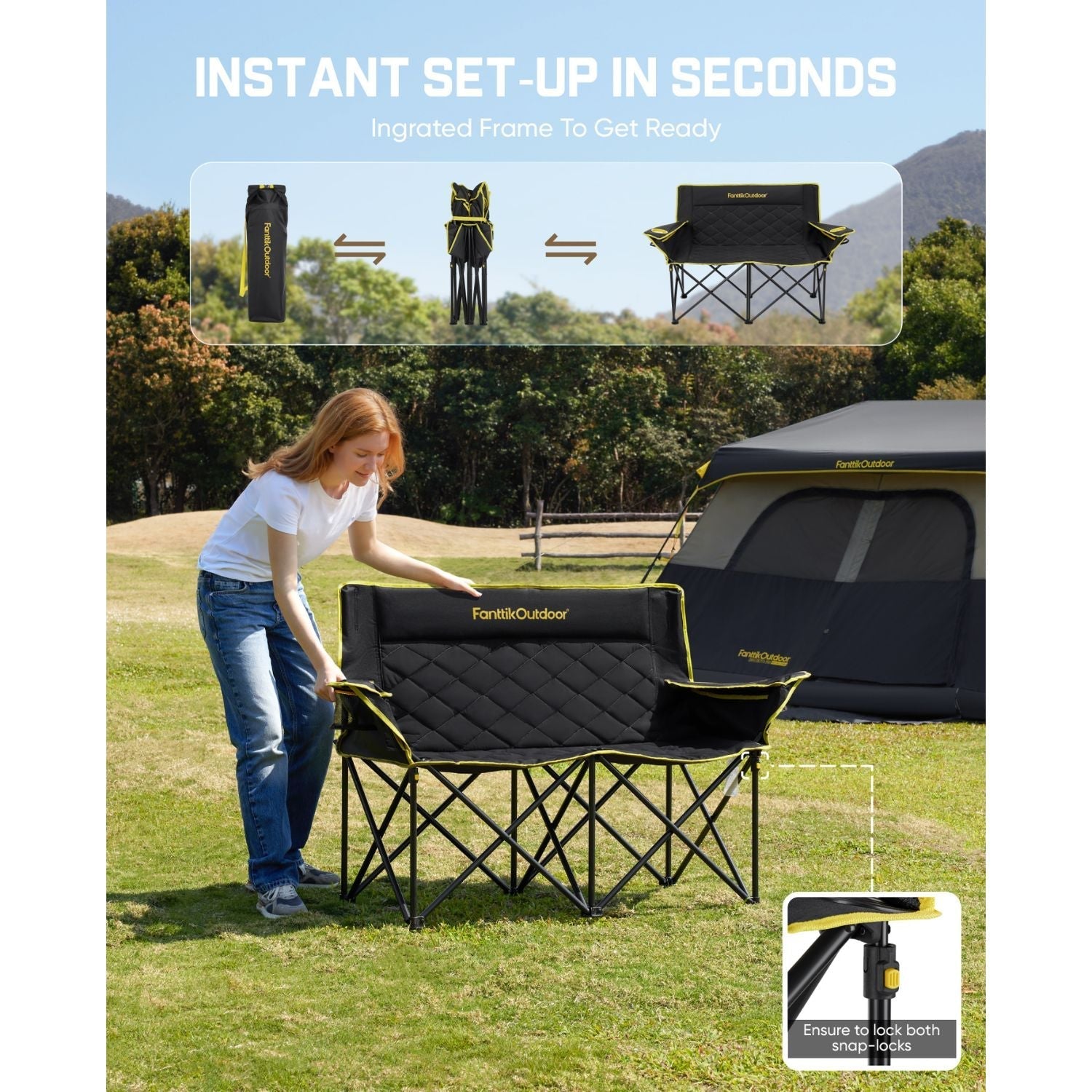 Black FanttikOutdoor double camping chair with yellow trim, instant setup, integrated frame