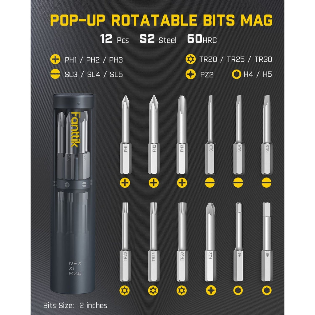 Fanttik S1 Capsule Deluxe cordless screwdriver set with 12 S2 steel bits and rotatable storage case.