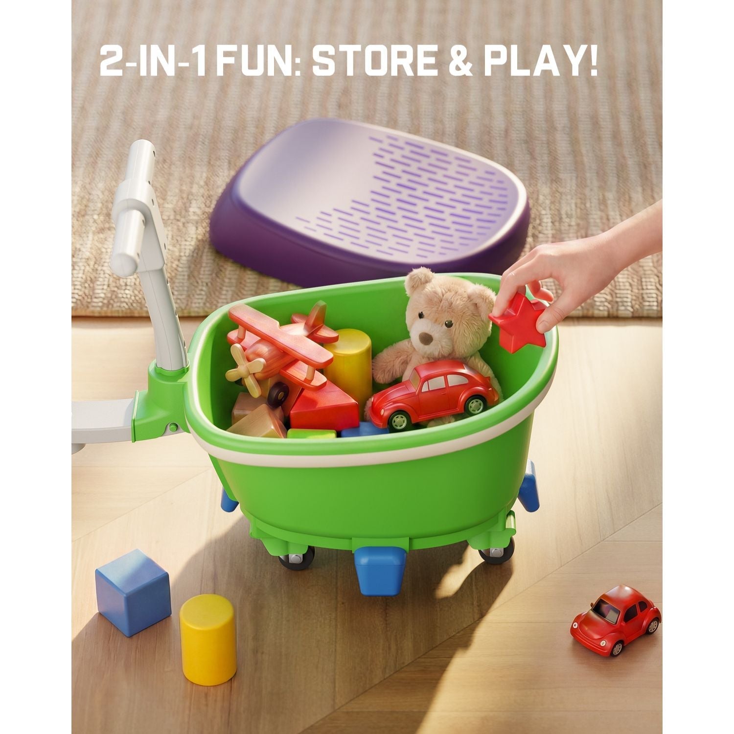 Green FanttikRide trailer toy with storage compartment, wheels, and children's toys inside