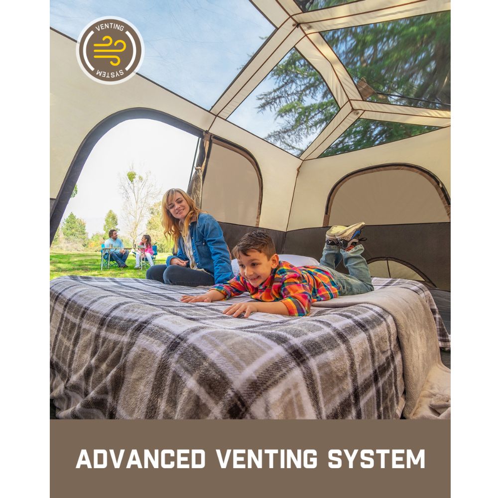 FanttikOutdoor Zeta C8 Pro Max 8 Person Camping Tent with advanced venting system, interior view with family relaxing on bed.