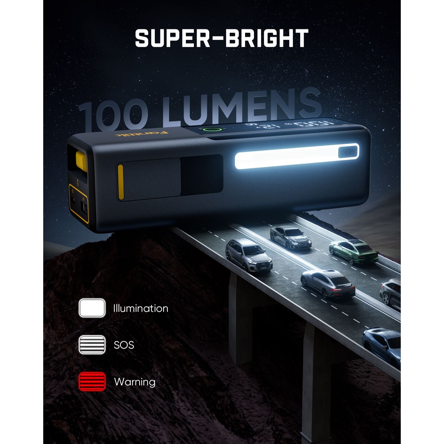 Fanttik Potent T10 jump starter with super-bright 100 lumens flashlight, SOS, and warning modes on a highway at night.