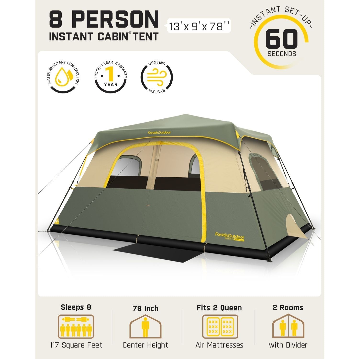 FanttikOutdoor Zeta C8 Pro 8-person instant cabin tent. 13'x9'x78', 60-sec setup, water-resistant, 1-yr warranty, vented.