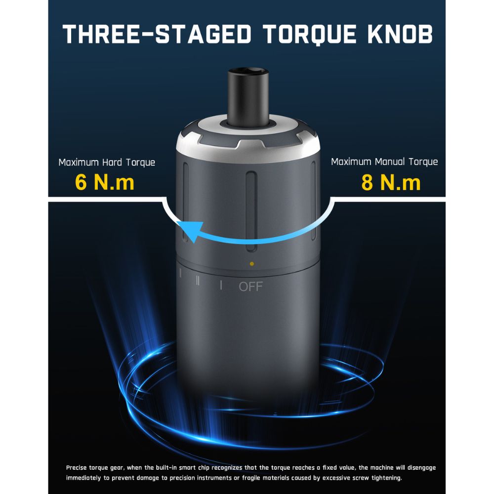 Fanttik S1 Pro electric screwdriver with three-stage torque knob, max hard torque 6 N.m, max manual torque 8 N.m.