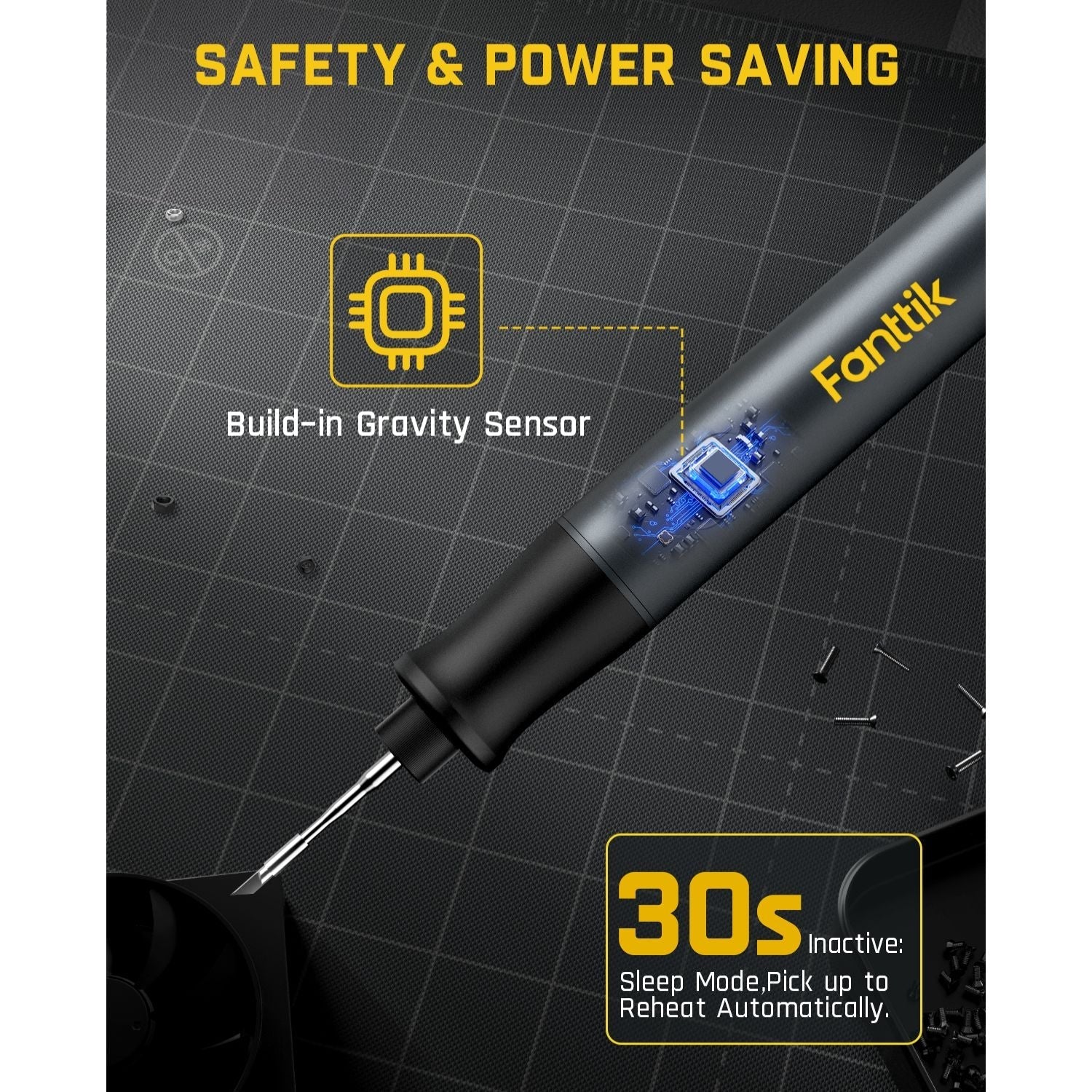Fanttik T1 Max soldering iron with built-in gravity sensor and 30s sleep mode feature.