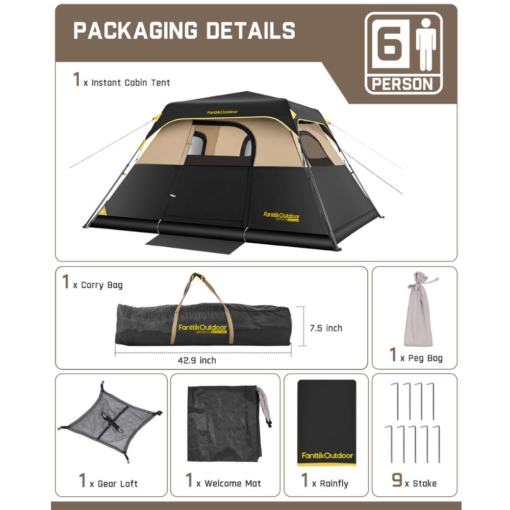 FanttikOutdoor Zeta C6 Pro tent packaging: includes tent, carry bag, peg bag, gear loft, mat, rainfly, and 9 stakes.
