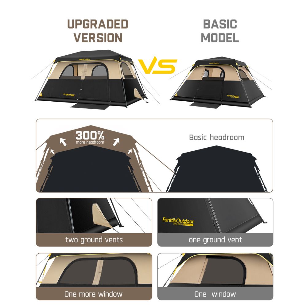FanttikOutdoor Zeta C6 Pro Max vs Basic Model tent comparison: Upgraded version features 300% more headroom, two ground vents, and more windows.