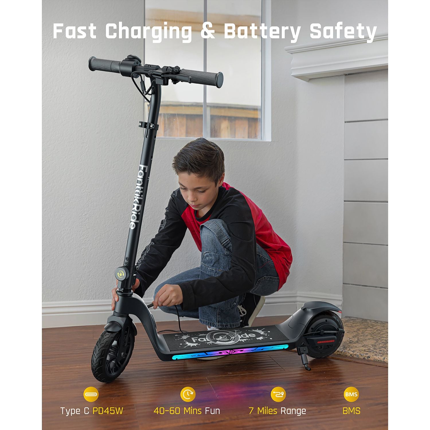FanttikRide T10 Apex electric scooter for kids charging with Type C PD45W, 40-60 min fun, 7 miles range, and BMS.