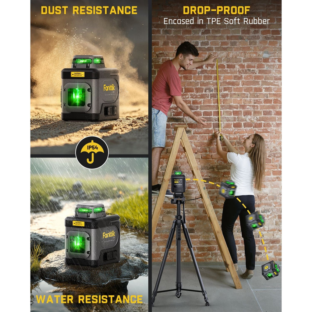Fanttik D5 laser level: dust, water, and drop resistant TPE rubber casing. Ideal for construction.