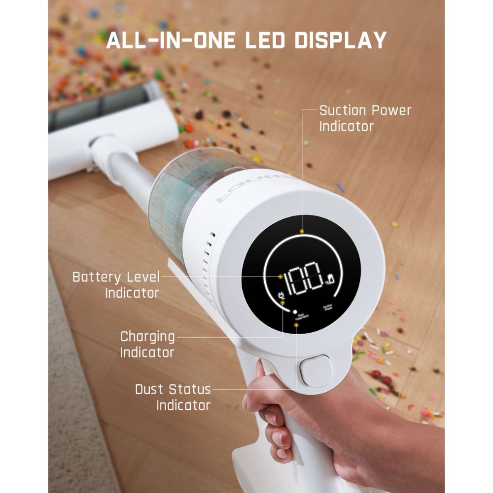 Fanttik Storm 10 Pro cordless vacuum with all-in-one LED display showing 100% battery