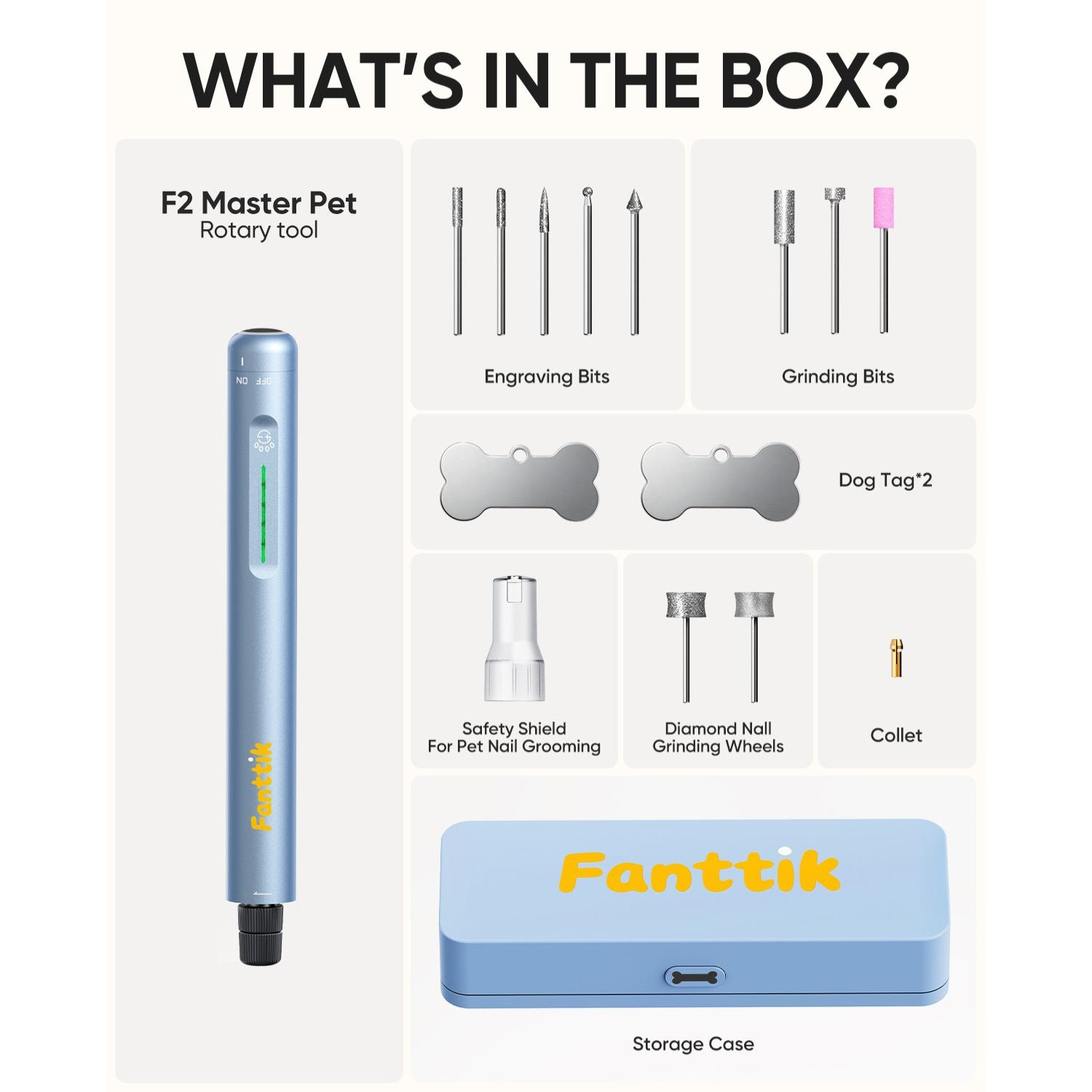 Fanttik F2 Master Pet rotary tool kit with engraving bits, grinding bits, dog tags, safety shield and storage case