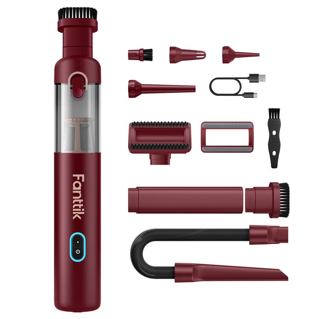 Fanttik Slim V8 Apex car vacuum in red, with various attachments including brushes, nozzles, and a USB-C charging cable.
