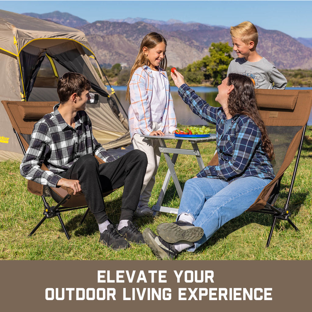Brown FanttikOutdoor Zeta L8 Max Rocker Camping Chair with family by lake. Text: ELEVATE YOUR OUTDOOR LIVING EXPERIENCE.
