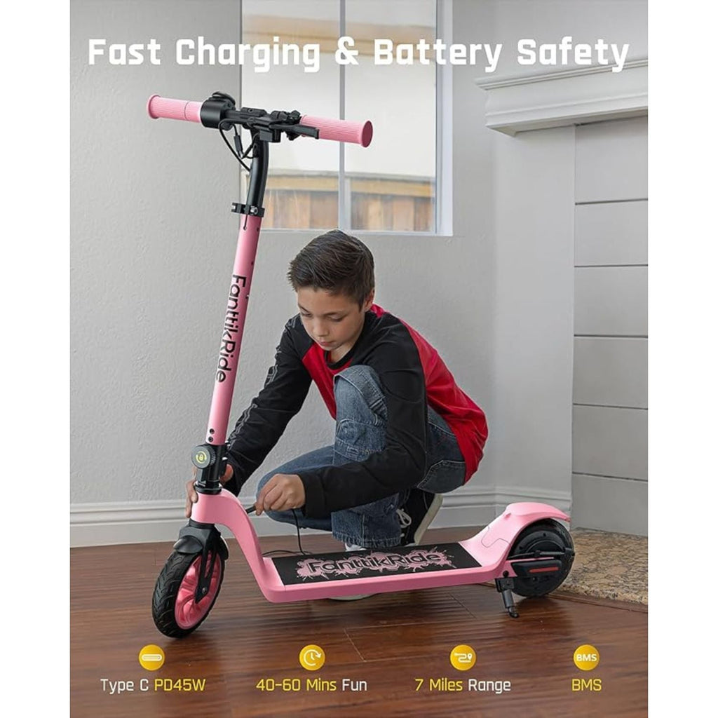 Pink FanttikRide T10 electric scooter being charged by a child, featuring Type C PD45W fast charging and 7-mile range.
