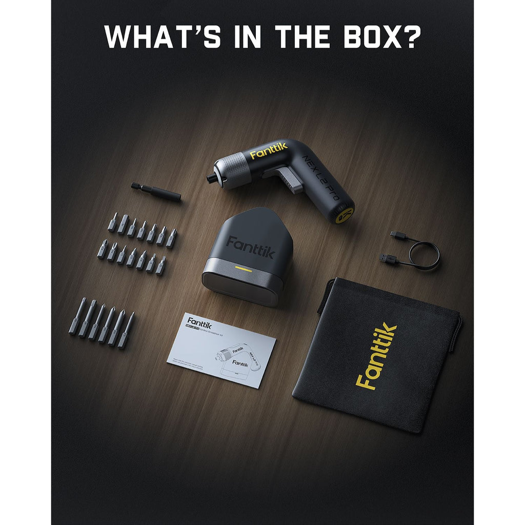 Fanttik L2 Pro cordless electric screwdriver kit with bits, storage base, and case.