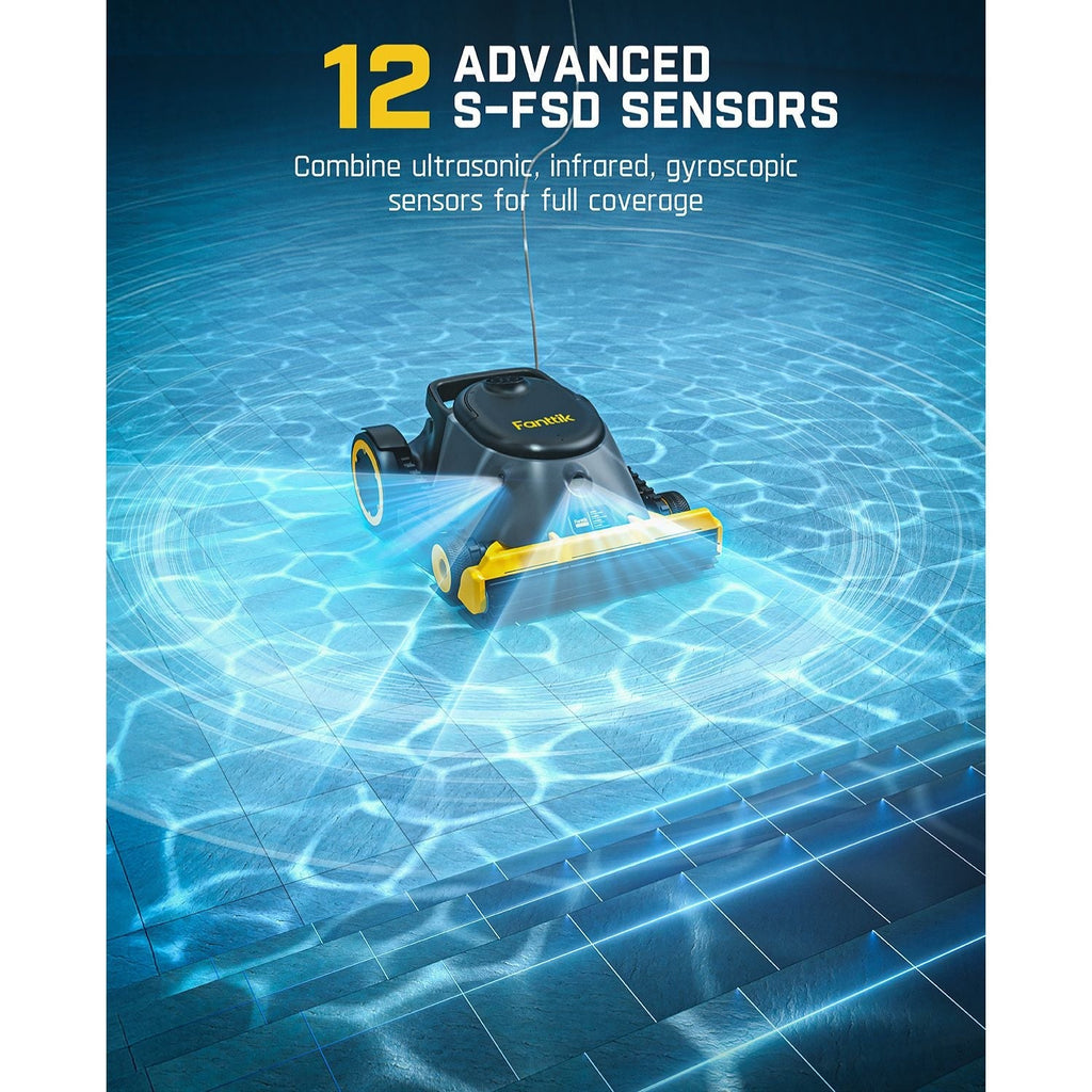 Fanttik Aero X robotic pool cleaner: 12 advanced S-FSD sensors (ultrasonic, infrared, gyroscopic) ensure full coverage.