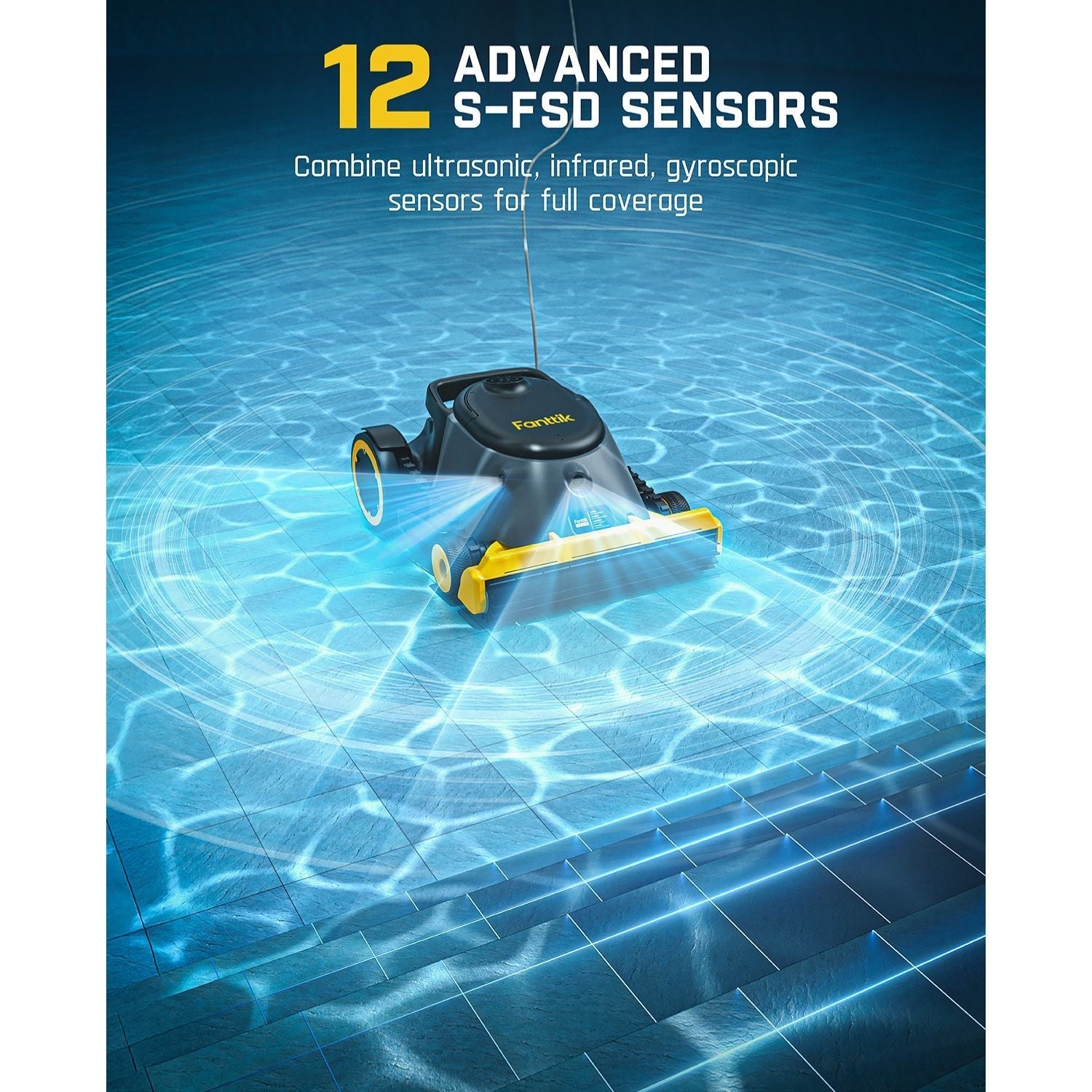 Fanttik Aero X robotic pool cleaner: 12 advanced S-FSD sensors (ultrasonic, infrared, gyroscopic) ensure full coverage.