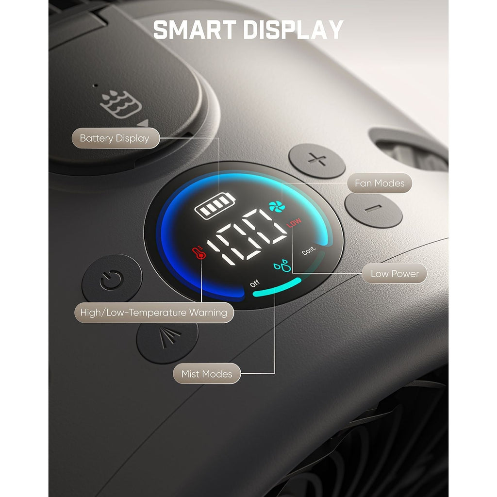 Control panel of a smart device with digital display and buttons labeled with functions.