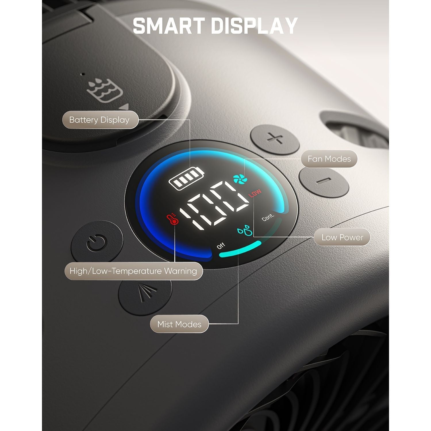 Control panel of a smart device with digital display and buttons labeled with functions.