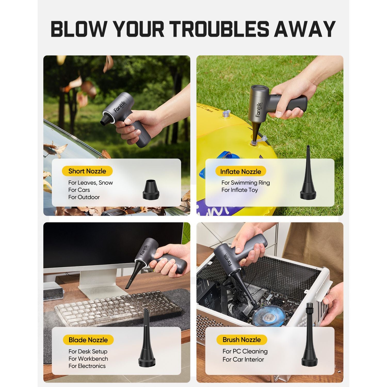 Fanttik B10 Pro electric air duster with short, inflate, blade and brush nozzles for cleaning and inflating