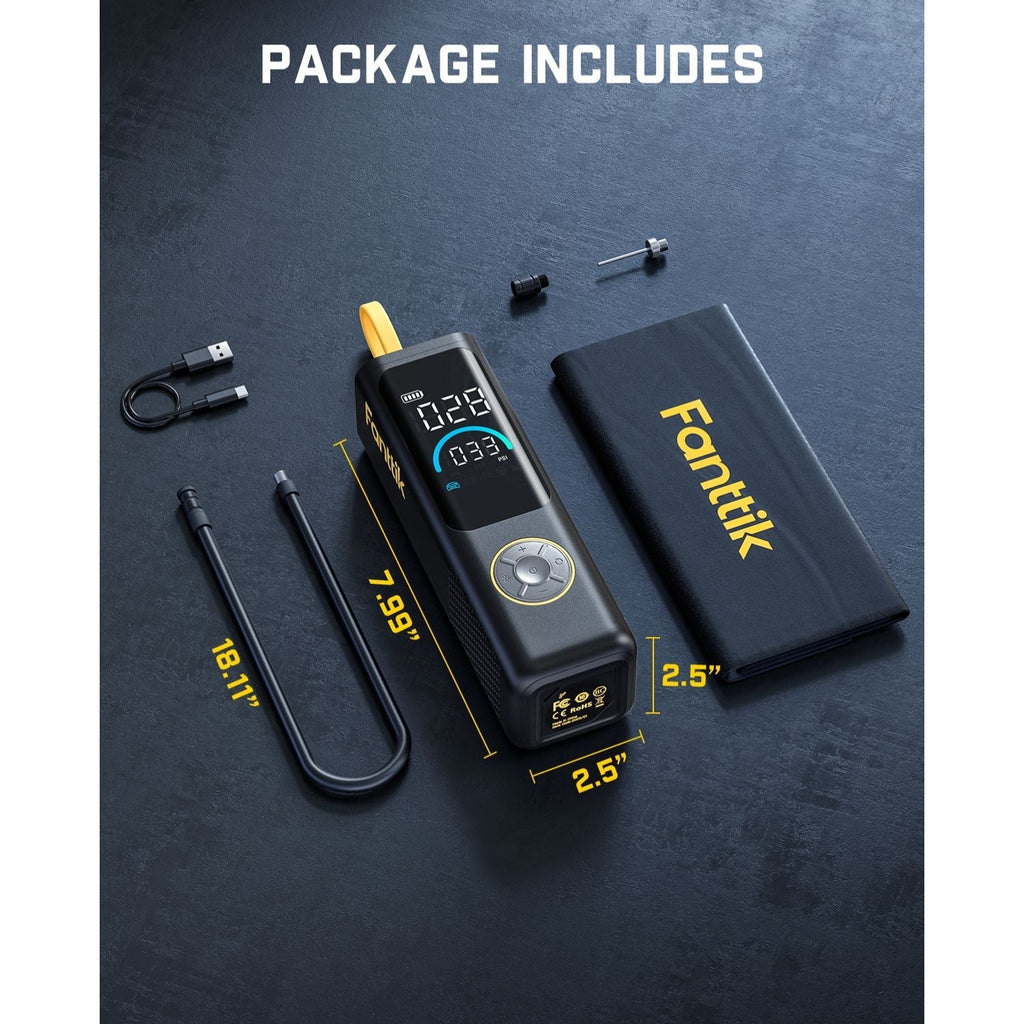 Fanttik X9 APEX tire inflator package includes portable compressor, hose, nozzles, and case