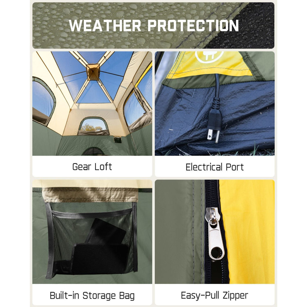 FanttikOutdoor Zeta C8 Pro tent features: weather protection, gear loft, electrical port, storage bag, and easy-pull zipper.