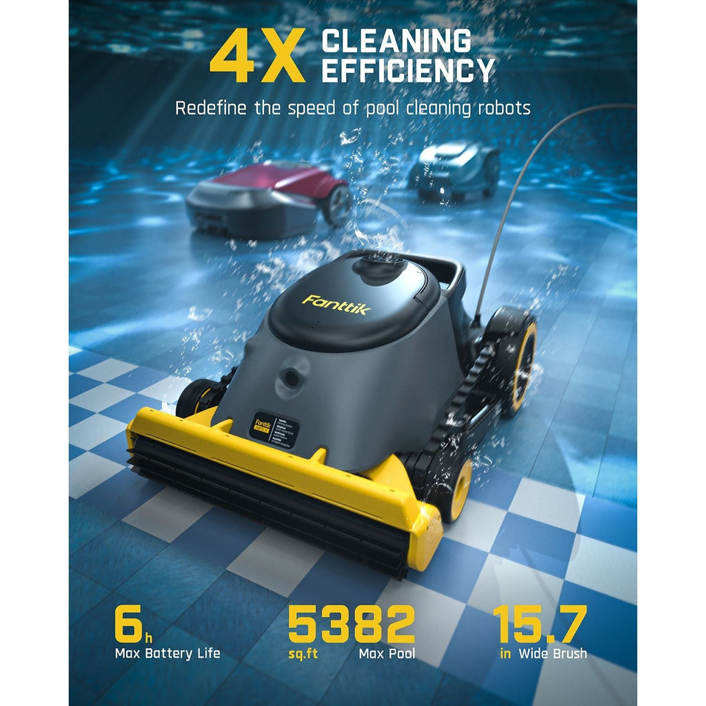 Fanttik Aero X robotic pool cleaner: 4X cleaning efficiency, 6h battery, 5382 sq ft coverage, 15.7" wide brush.