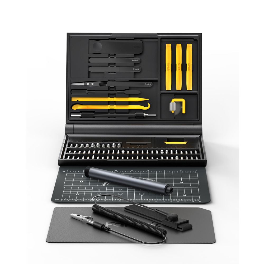 Fanttik E1 NEX Workstation electric screwdriver kit with 64 magnetic bits and 12 repair tools on a magnetic mat.